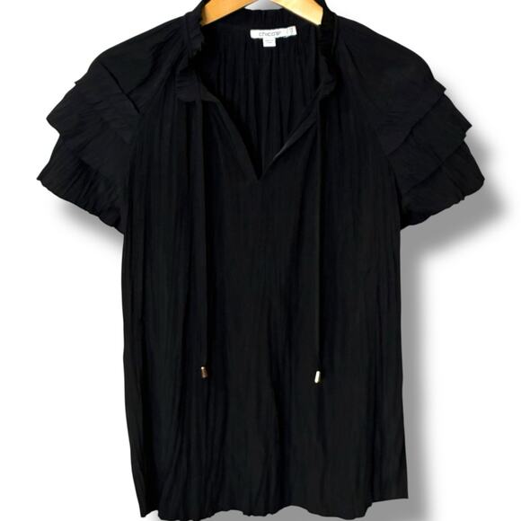 Chico's Blouse Women's 0.5 (6) Black Liquid Knit Crinkle Tasseled Notch Neckline - Picture 2 of 6